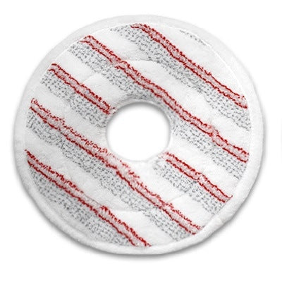 Round microfiber mop refill pad cover with red striped pattern and center hole