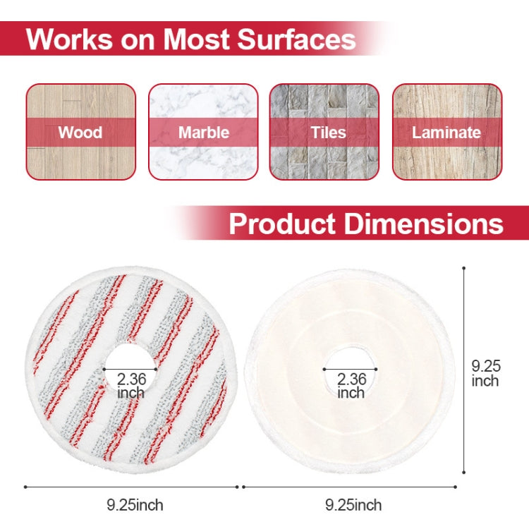 Round microfiber mop refill pad cover with red stripes and center hole, with size diagram