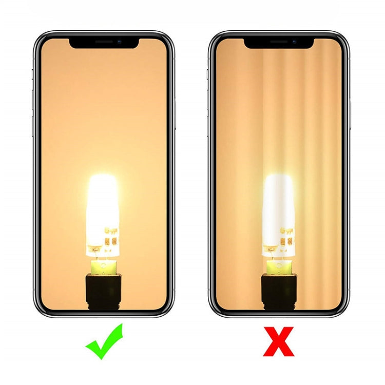 G4 LED bulb glow shown in phone mockup; green check mark and red X