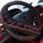 Universal steering wheel cover with red stitched trim, textured non-slip grip