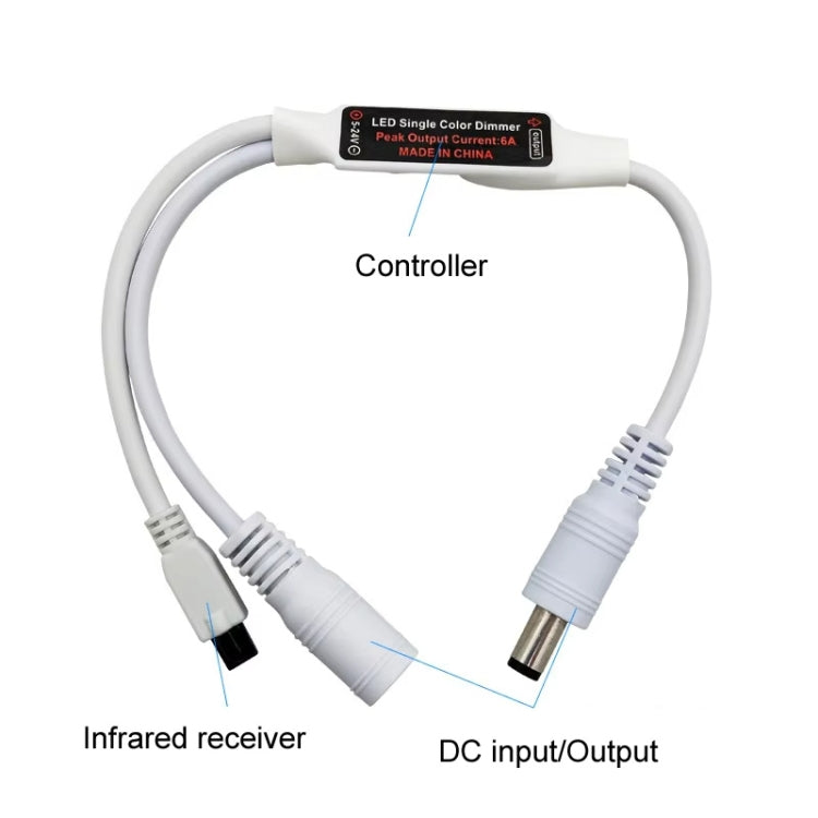 LED dimmer controller cable set with infrared receiver and DC input/output connectors