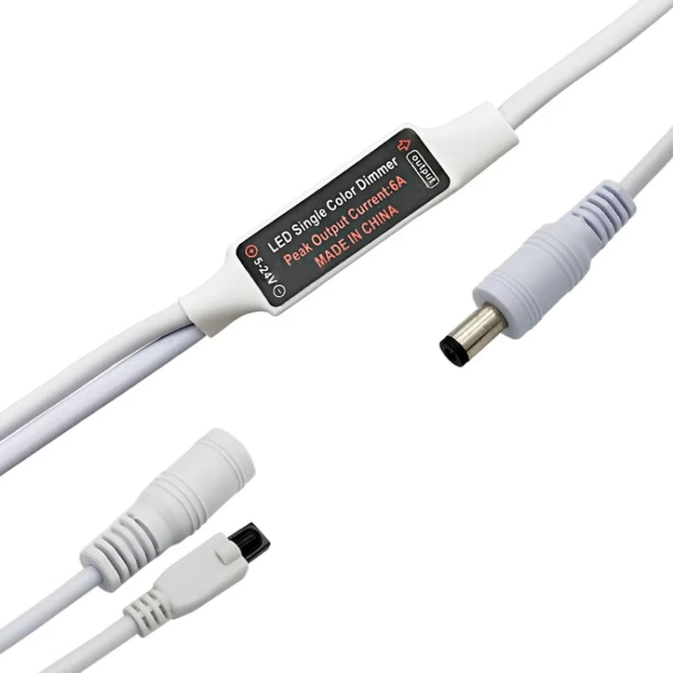 Inline LED single-color dimmer module with DC plugs and wiring connectors