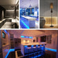 Under-cabinet single-color LED strip lighting with blue dimmed illumination