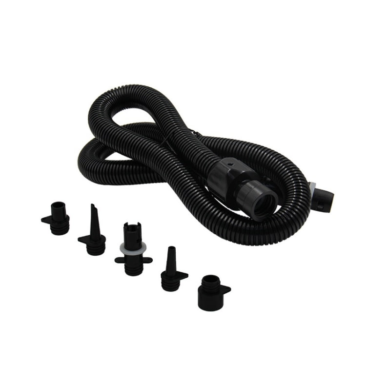Electric pump hose kit with black coiled tube and multiple adapter nozzles