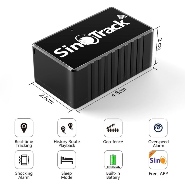 Compact black GPS tracker with Sinotrack branding on top and ridged side panel