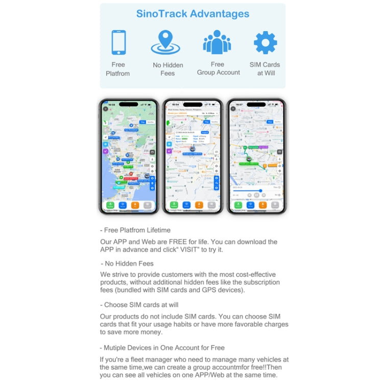 Sinotrack mobile app screens showing tracking maps and device features