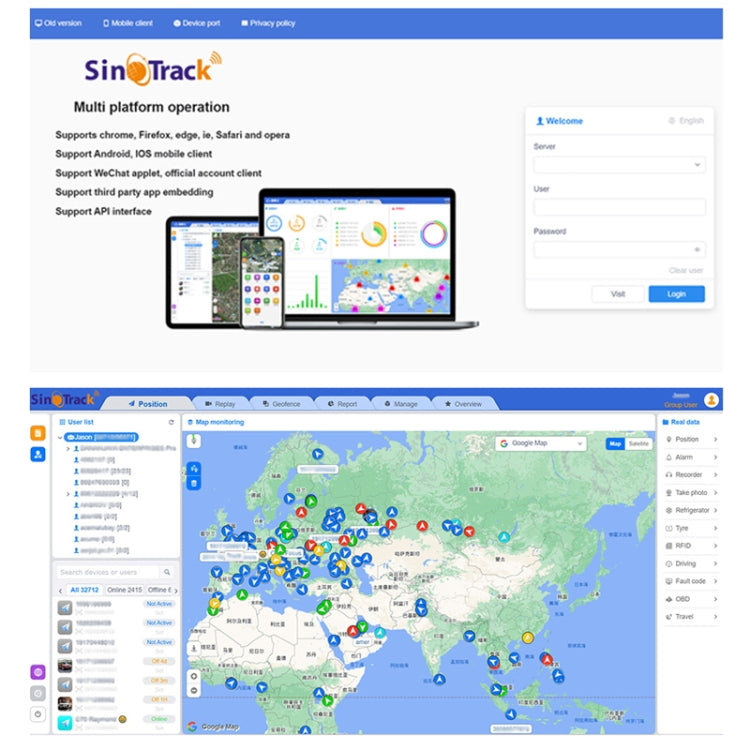 Sinotrack web dashboard screens with operation controls and live map