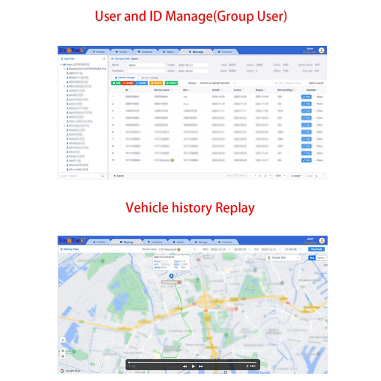 Sinotrack admin dashboard screens for group users and vehicle history replay