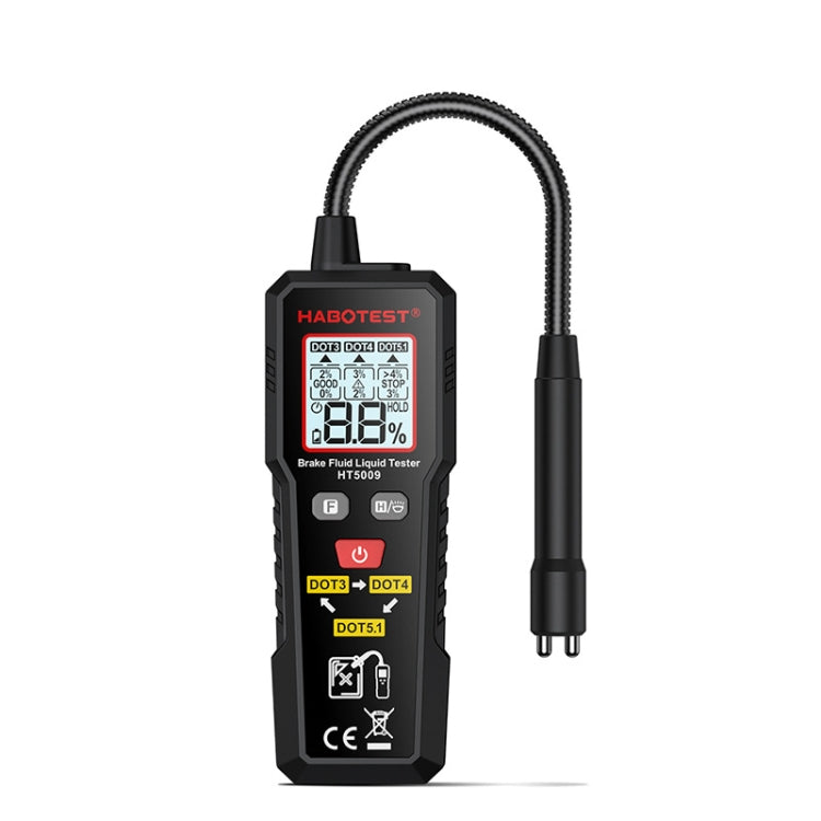 Brake fluid moisture tester with flexible probe hose and digital percentage display