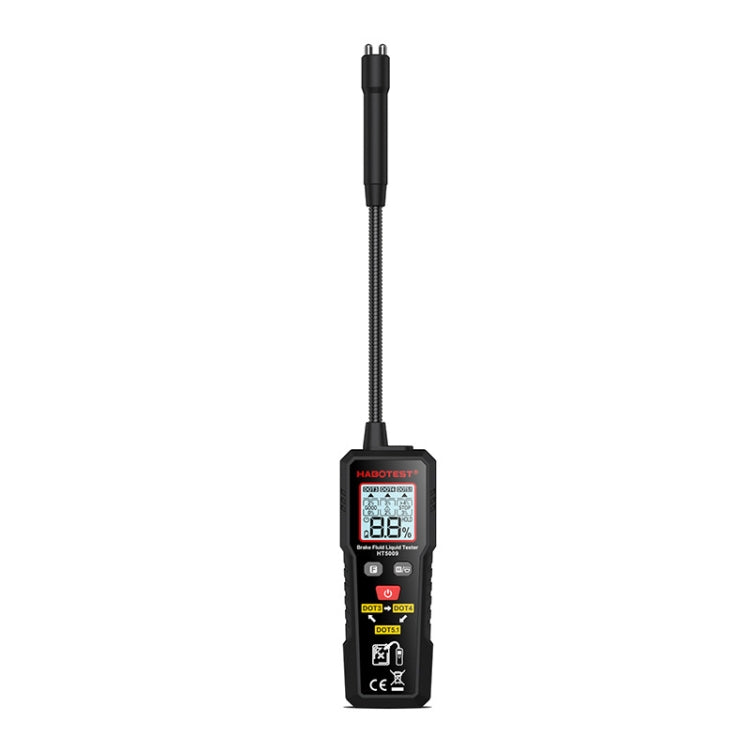 Brake fluid moisture tester with long coiled probe hose and handheld body