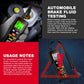 Brake fluid moisture tester with digital display and probe, held in a car engine bay