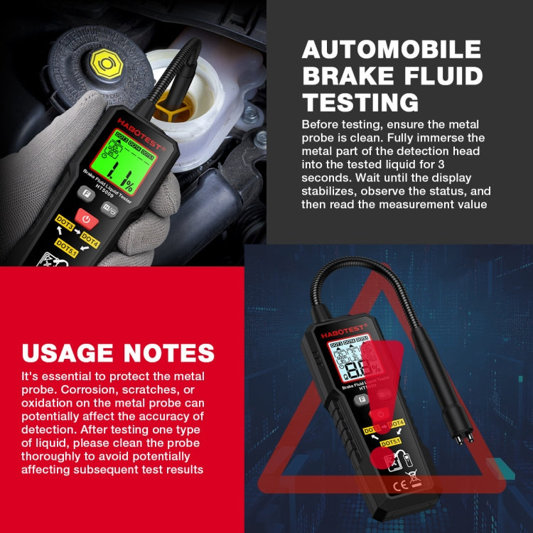 Brake fluid moisture tester with digital display and probe, held in a car engine bay