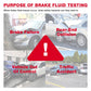 Brake fluid testing purpose warning graphic with red exclamation icon