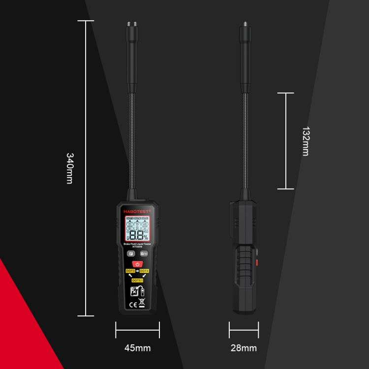Brake fluid moisture tester with probe hose and size diagram (45mm, 28mm, 13mm)