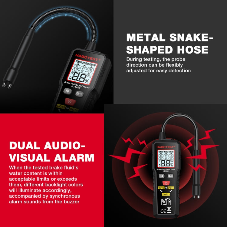 Brake fluid moisture tester with metal snake-shaped hose and digital screen