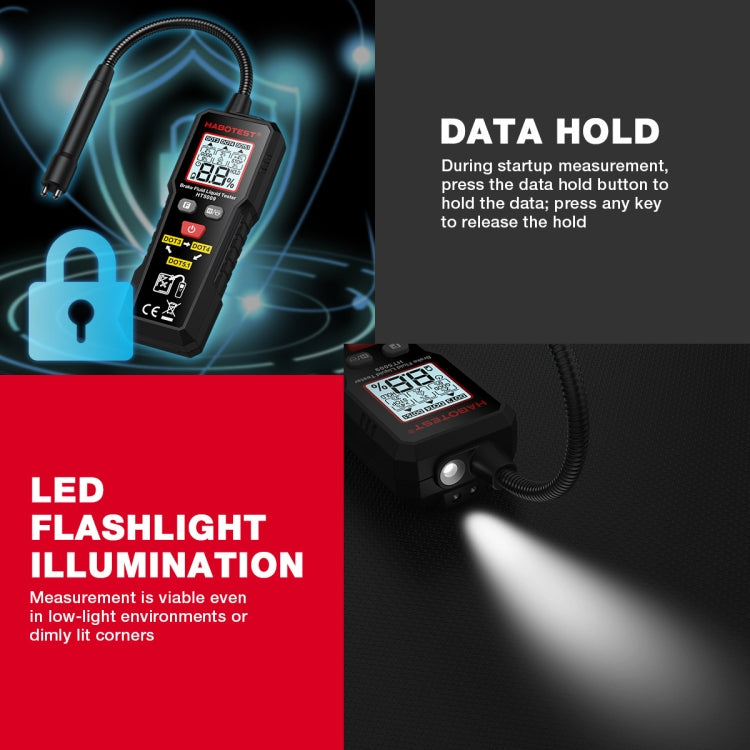 Brake fluid moisture tester with LED flashlight illumination and data hold function