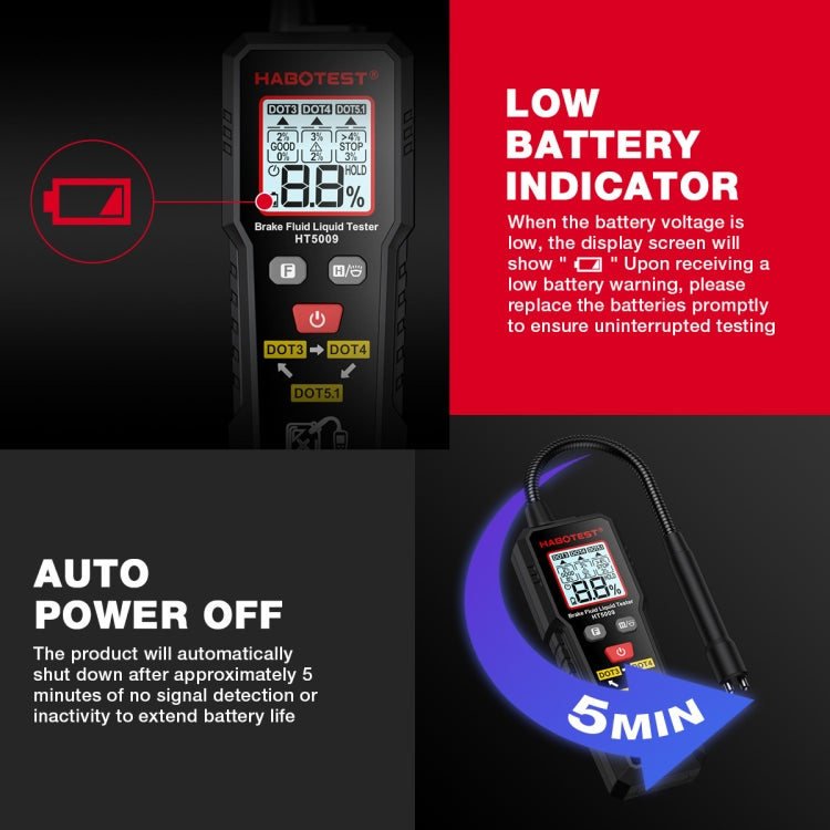 Brake fluid tester with low battery indicator and auto power off timer
