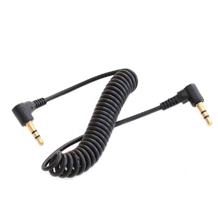 Stereo audio cable with black coiled section and two gold 3.5mm jack plugs