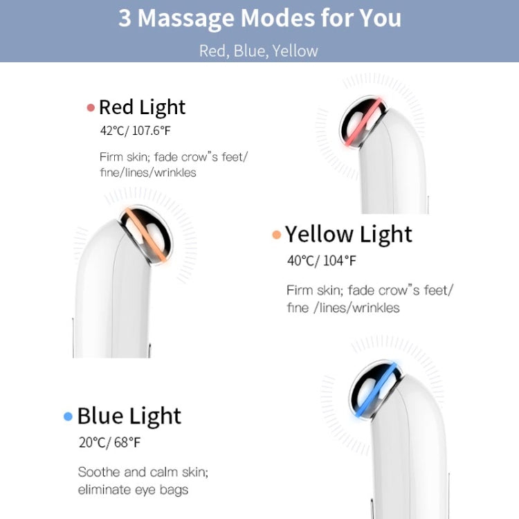 White eye massager wand showing red, blue, and yellow light massage modes