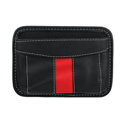 Car-mounted storage bag, black faux-leather with red central stripe and stitched trim