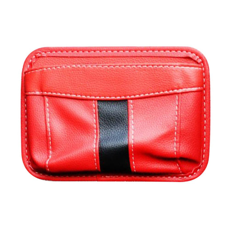 Car-mounted storage bag, red faux-leather with black central stripe and white stitching