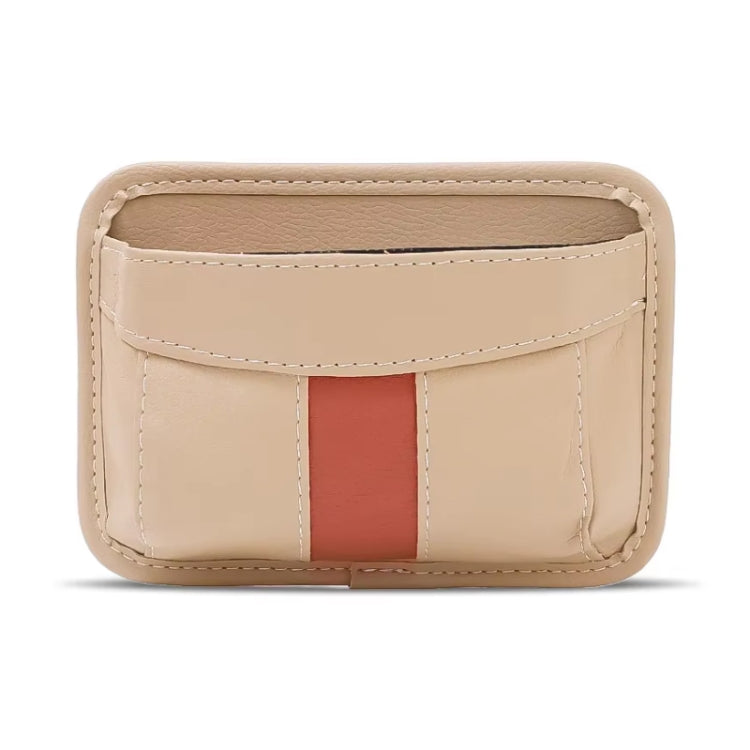 Car-mounted storage bag, beige faux-leather with red vertical stripe and stitched edges
