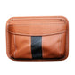Car-mounted storage bag, brown faux-leather with black and red panel stripe, stitched trim