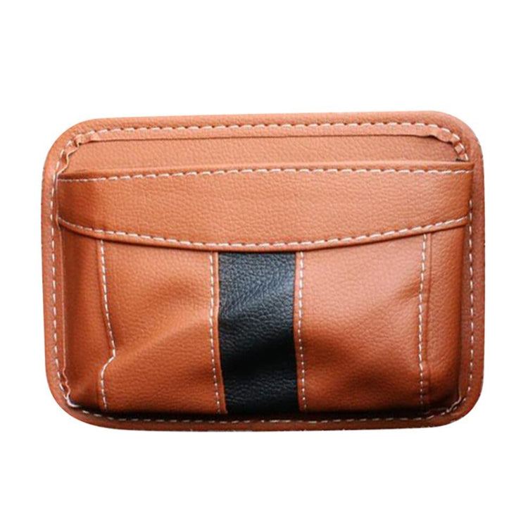 Car-mounted storage bag, brown faux-leather with black and red panel stripe, stitched trim