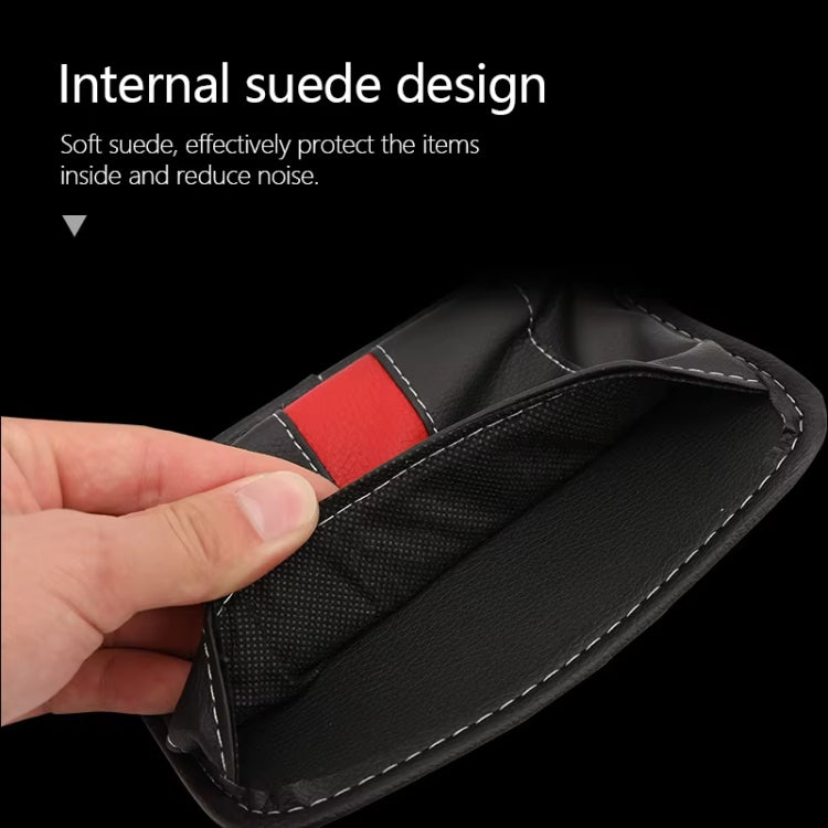Car-mounted storage bag interior lining with red insert panel and black suede backing