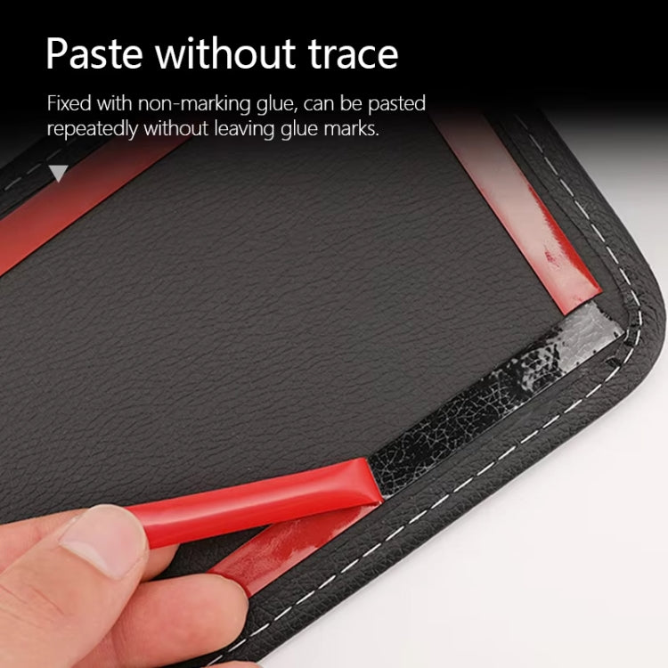 Car-mounted storage bag adhesive pad on black textured backing with red strip