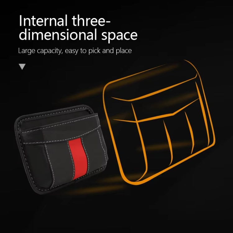 Car-mounted storage bag with small front pocket, black with red stripe and curved top
