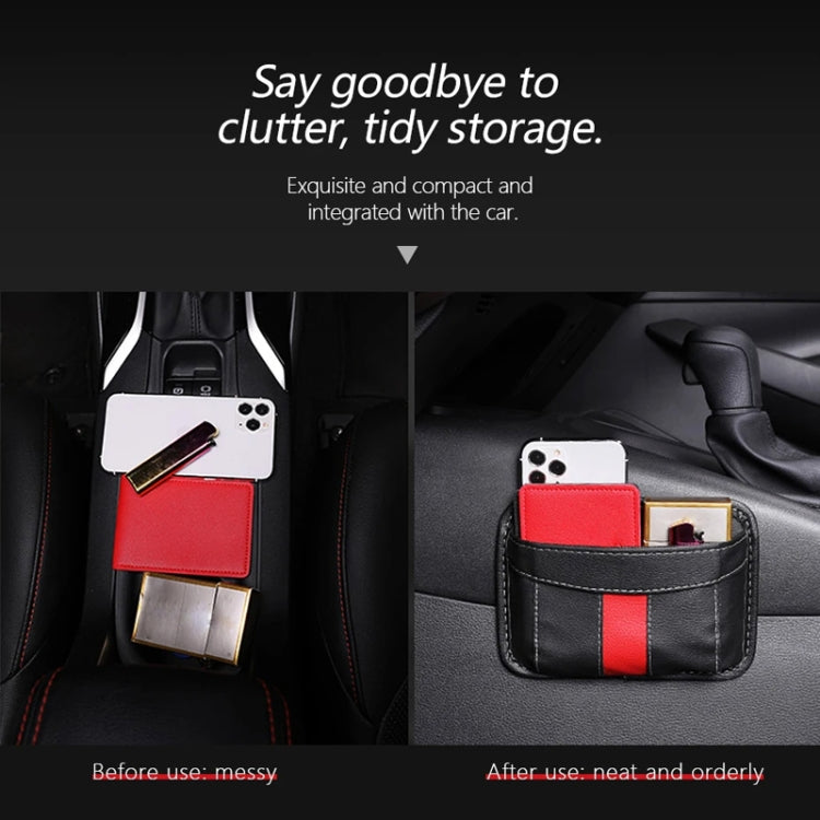 Car seat organizer pouch with phone and wallet in black faux-leather with red stripe