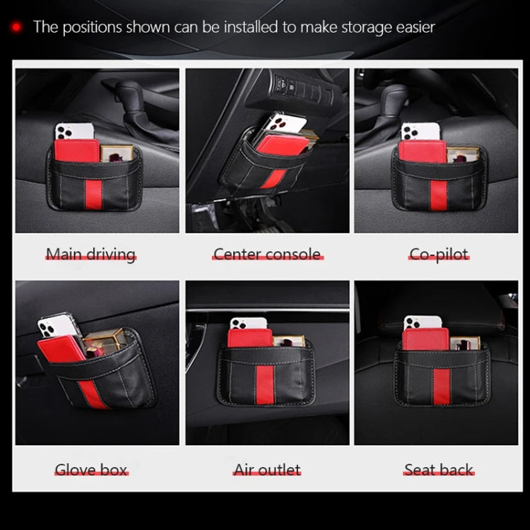 Car-mounted adhesive storage bag with black body and red stripe for console or seat back