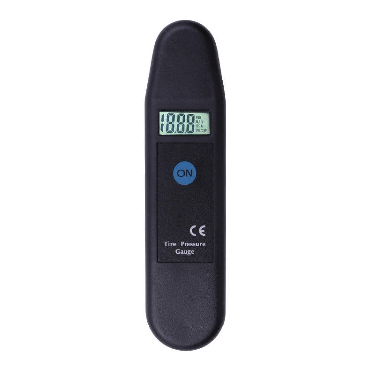 Digital tire pressure gauge with LCD display and ON button, dark body