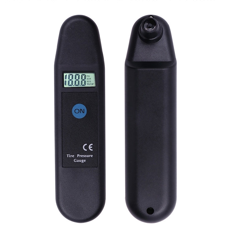 Digital tire pressure gauge with LCD screen and air nozzle end, dark body