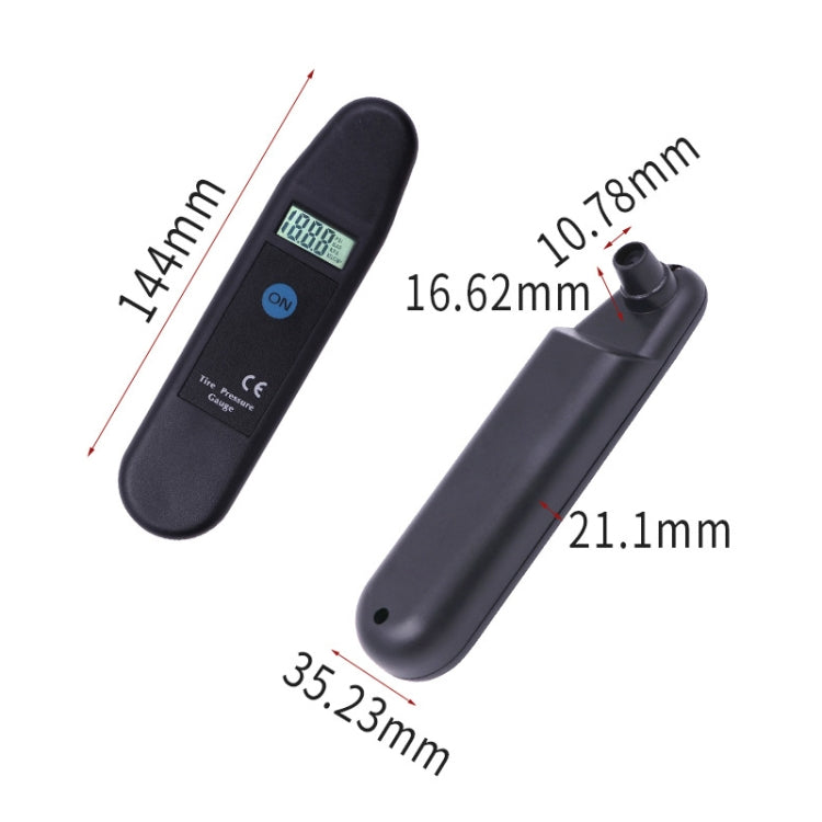 Digital tire pressure gauge with LCD display and nozzle, size diagram on black