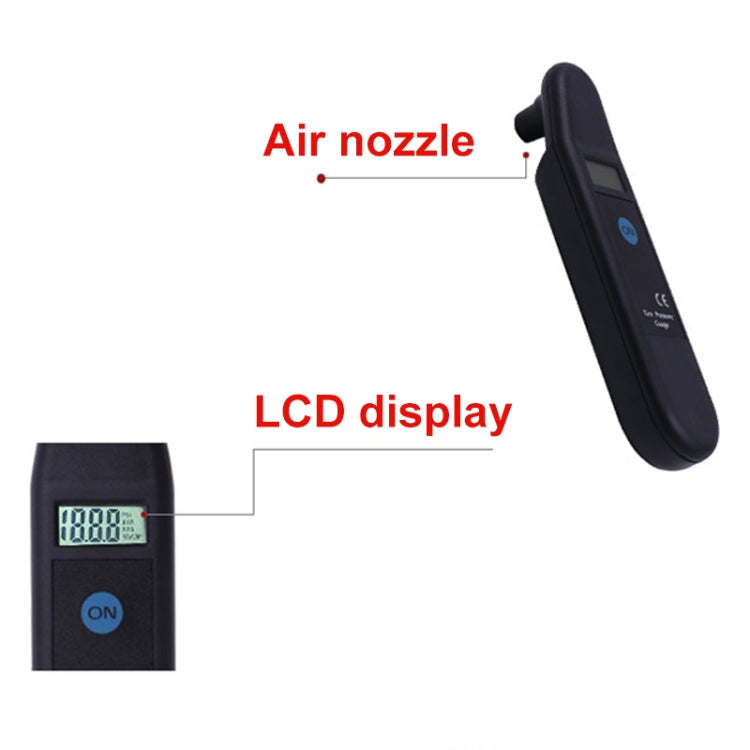 Digital tire pressure gauge showing LCD display and air nozzle tip, dark body