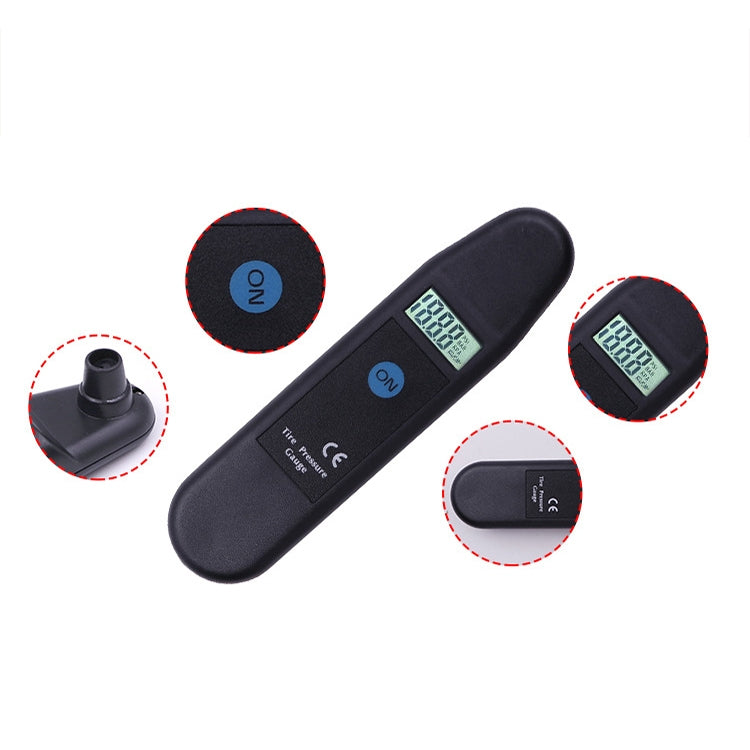 Digital tire pressure gauge with LCD, nozzle, and control button, black body