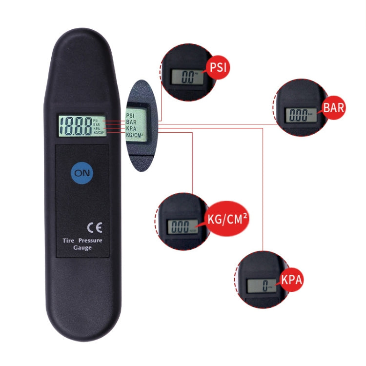 LCD tire pressure gauge with units PSI, BAR, KG/CM², KPA on black body