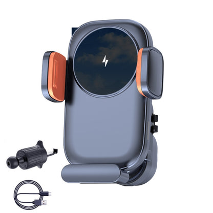 Car wireless phone charger holder with vent clip and orange side accents; includes power plug cable.