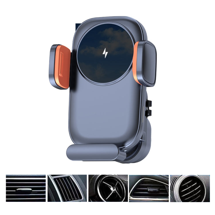 Car wireless phone charger holder with cradle and vent clip, orange side accents.