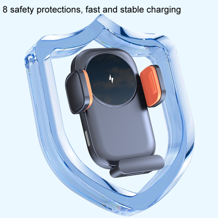 Car wireless phone charger holder with cradle and orange side grips inside protective cover.