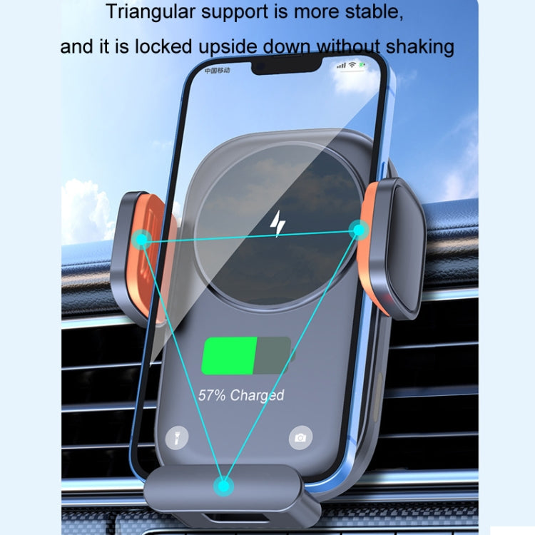 Car wireless phone charger holder with phone cradle and side arms on air vent.