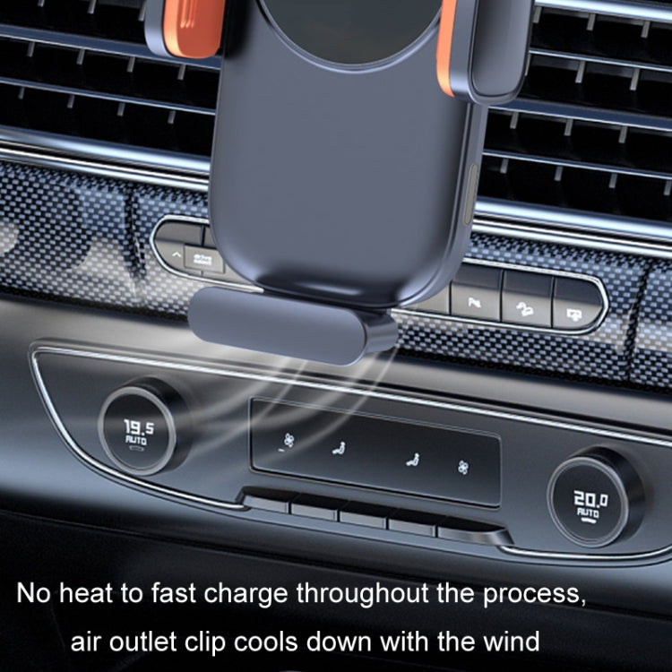 Car wireless phone charger holder base on car console with vented design and cradle.