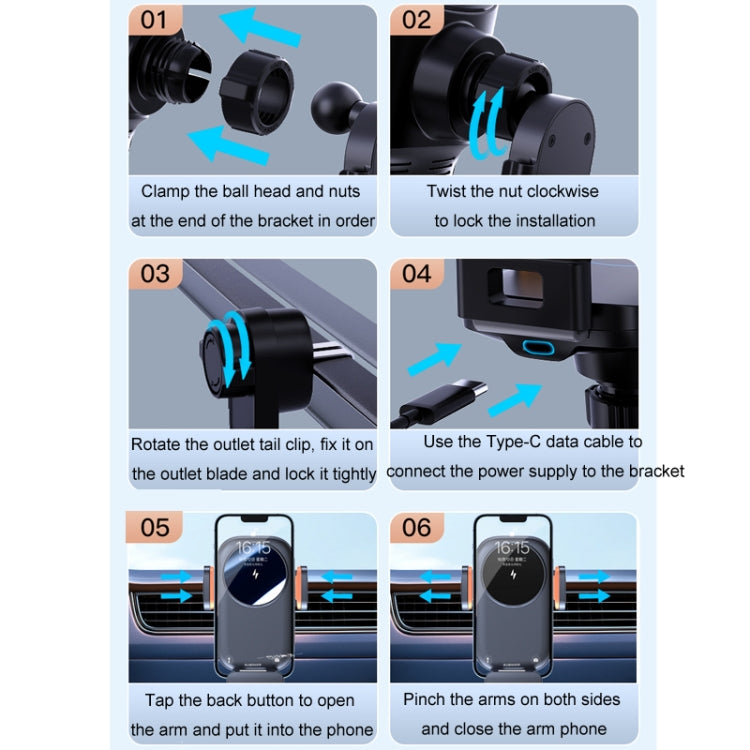Installation guide for car wireless charging vent holder with clamp, twist, and wiring steps.