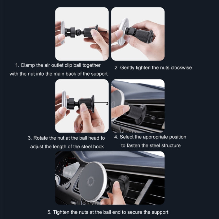 Black car air-vent magnetic phone holder with ball-joint clamp and round magnet