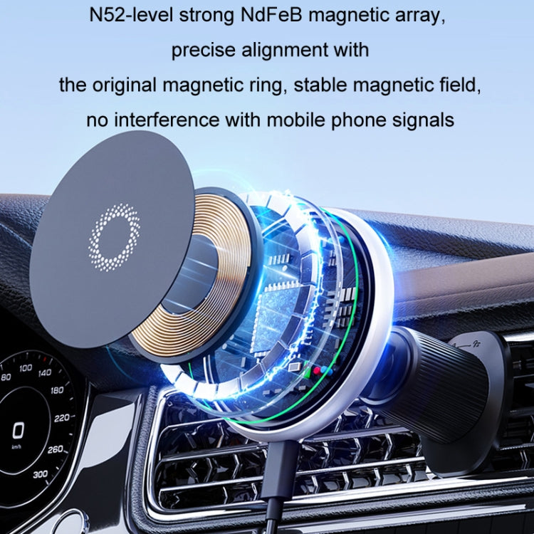 Car magnetic phone holder with bright blue ring light on a dashboard air vent