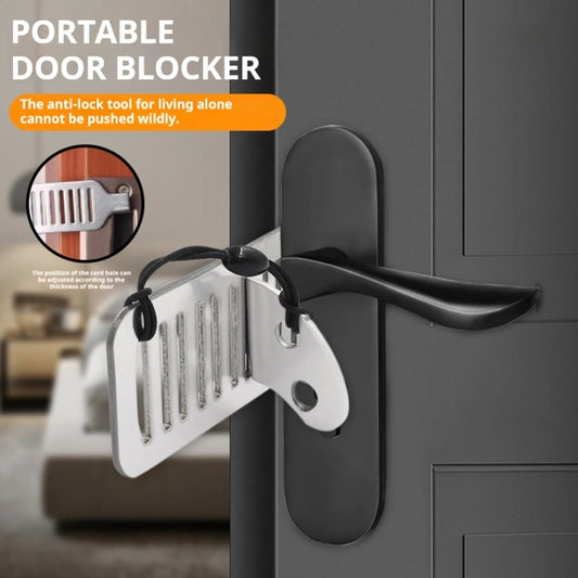 Stainless steel door blocker tool attached to door handle latch