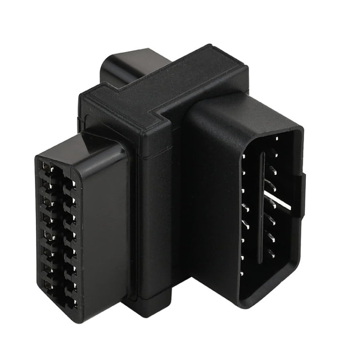 Black OBD-II 16-pin adapter plug with two opposing connector ports