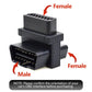 OBD-II 16-pin adapter plug with male and female ends, black